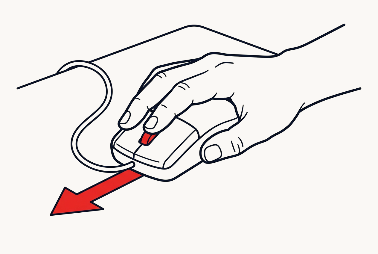 A hand on a mouse with a red arrow showing the mouse sliding forward to change speed