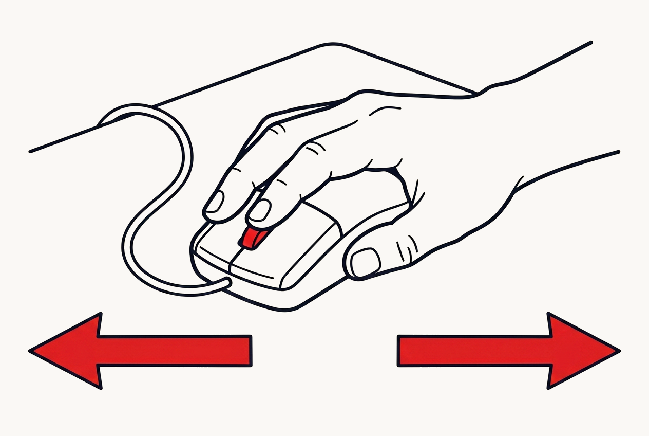 A hand on a mouse with red arrows pointing left and right to skip and rewind