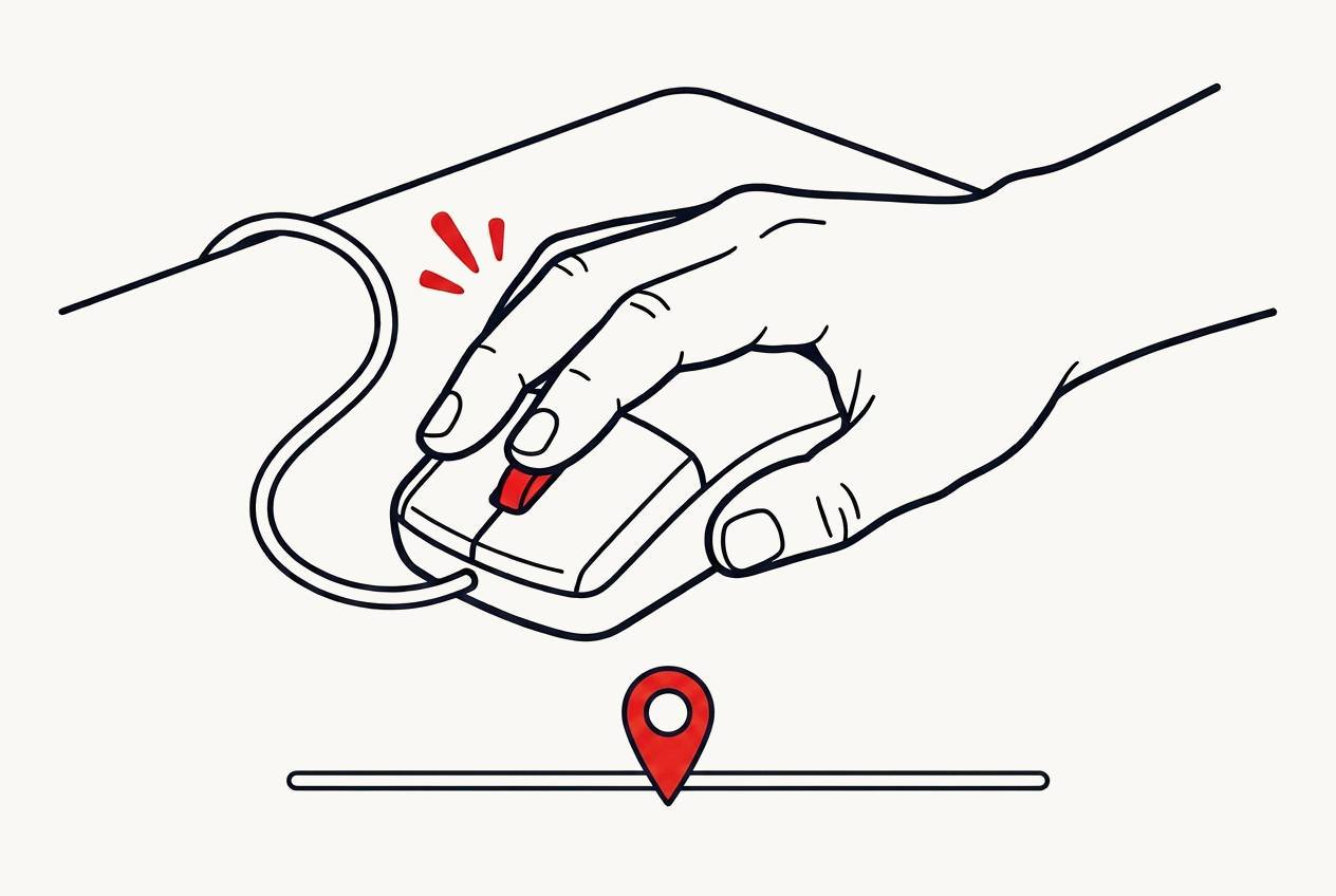 A finger tapping the mouse's middle button, with a red pin dropped on a timeline below