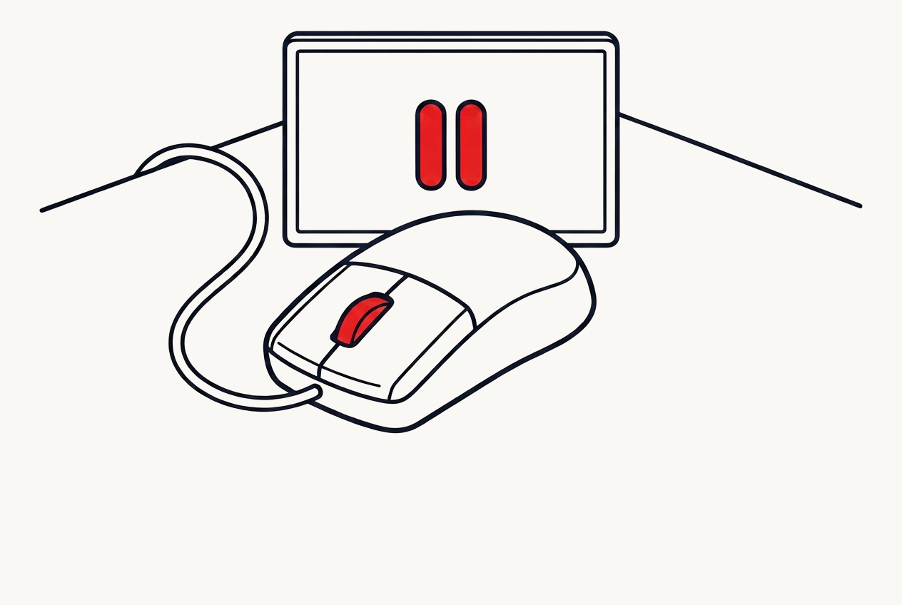 A mouse alone in front of a screen showing a red pause symbol